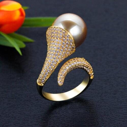Bride Talk Original Design Brand Adjustable Pearl Ring Women Cubic Zirconia Shiny Crystal Beautiful Bridal Jewelry Accessories