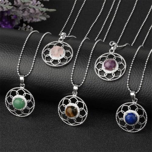 Wholesale 6pcs/lot Natural Stone Reiki Flower of Life Necklaces Pendant Round RandomClr Crystal Quartz Necklace Green Aventurine
