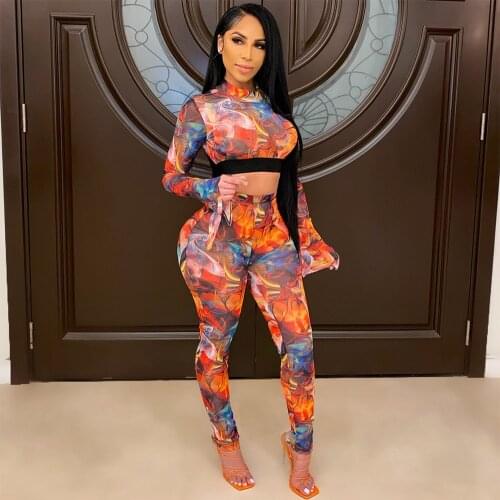 Sheer Mesh Aesthetic Print Two Piece Set Women Full Flare Sleeve Bandage Crop Top+bodycon Legging Matching Outfit Female Outfit