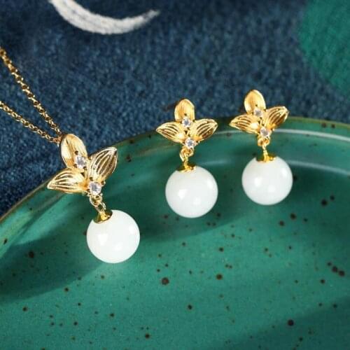 S925 Sterling Silver Gold-Plated Natural Hetian Jade round Beads High-End Suit All-Match Womens Clavicle Chain Ear Stud Earring