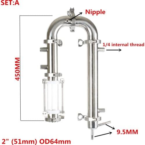 Sanitary Steel 304 2" (51mm) OD64mm Reflux tower, Distiller , Column for distillation
