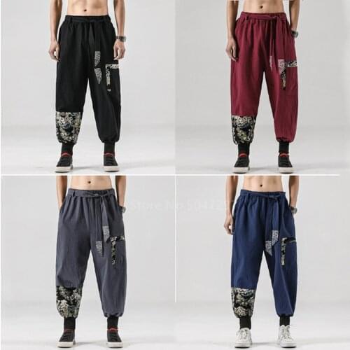 Japanese Men Cotton Linen Samurai Costume Ukiyo-e Print Belt Retro Harem Pants Haori Baggy Trousers Harajuku Hip Hop Jogger