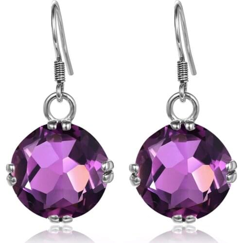 Szjinao Real 925 Sterling Silver Earrings For Women Amethyst Gemstone Long Drop Earrings Round Shape Gothic Fine Jewelry Korean