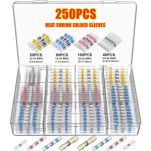 250Pcs Heat Shrink Connect Terminals Waterproof Solder Sleeve Tube Electrical Wire Insulated Butt Connectors Assorted Kit