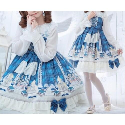 Vintage Printed Lolita Girl Suspender Dress Daily Cosplay Womens Bows Princess Fancy Dolly Flouncing JSK Dress B812
