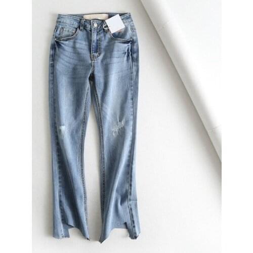 High Quality Stretch High Waisted Jeans Slim Irregular Burrs Micro Horn Jeans Ripped Jeans for Women Denim Jeans Skinny Jeans