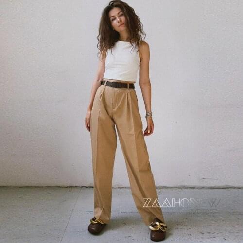 ZAAHONEW 2021 Spring Autumn Women Fashion Vintage Solid High Waist Pants Casual Zipper Pockets Loose Straight Trousers Female
