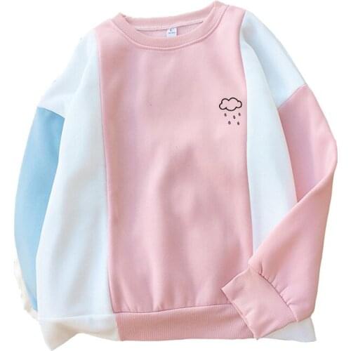 Autumn Winter Hoodies Sweatshirts Women Streetwear Spell Color Splicing O-neck Casual Harajuku Fleece Kawaii Raindrops Pullovers