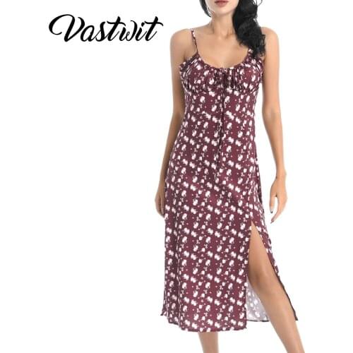 Womens Chiffon Dresses Summer Sexy Spaghetti Strap Floral Printed Side Split Midi Dress