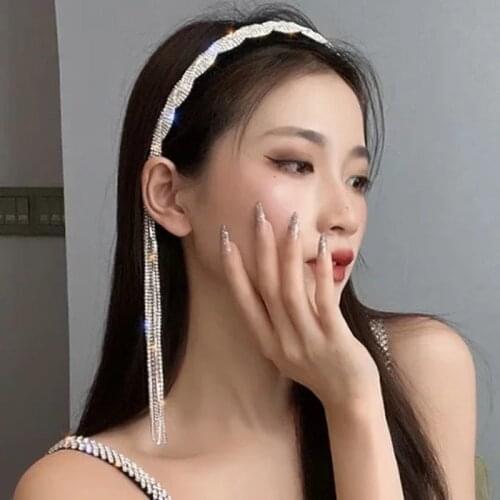 TIMEONLY Hyperbole Bling Bling Rhinestones AB Color Hairband for Women Girls Korean Style Elegant Long Tassel Hairwear Jewelry