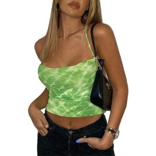 4 Colors Summer Female Vest Casual Fitness Short Vest Sexy V-neck Shirts Sexy Tie-Dye Print Sleeveless Strappy Tops S/M/L