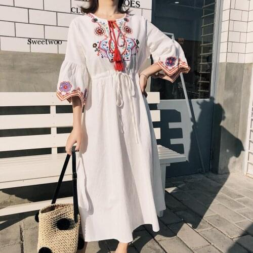 2020 Tether Large Size Loose Beach Holiday Ethnic Embroidered Flower Three-quarter Sleeve Long dress