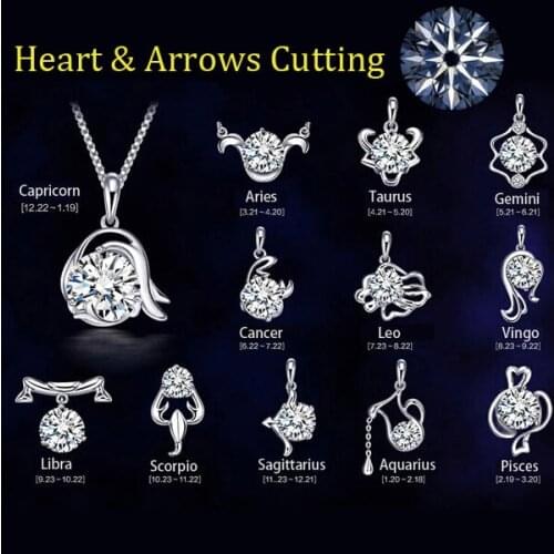 12 Constellation silver plated Pendant Zodiac necklace women Wedding jewelry Heart & Arrows Cutting Crystal Pendant Necklaces