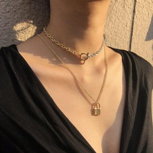 2021 Vintage Fashion Lock Pendant Necklace For Women Female MultiLevel Gold Silver Color Mixed Stitching Metal Rope Chain Jewely