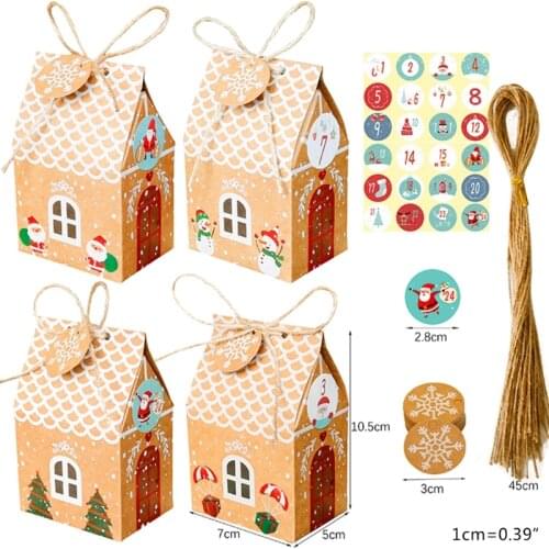 24 Sets Christmas House Gift Box Kraft Paper Cookies Candy Bag Snowflake Tags 1-24 Advent Calendar Stickers Hemp Rope Party W0YF