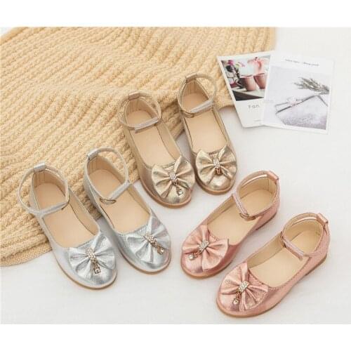 Flowers Children Kids Baby Wedding Party Princess Leather Shoes For Little Girls School Bow Silver Gold Strap Ankle Dress Shoes