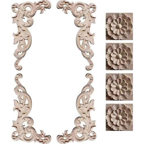 European Style Wood Carved Decal Corner Onlay Applique Furniture Decorations Unpainted Flower Decal for Furniture Dec