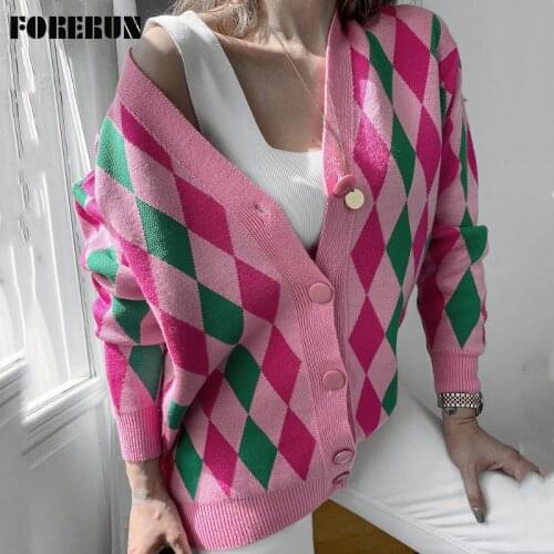 FORERIN Argyle Knitted Cardigan New Fashion V Neck Long Sleeve Top Winter Autumn Loose Sweater for Women 2021 Dropshipping