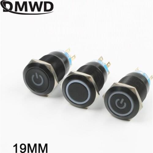 19mm LED Alumina Black Ring Power Light Push Button Waterproof Momentary Button Switch Latching 1NO1NC 12-24V 3-6V Red Green