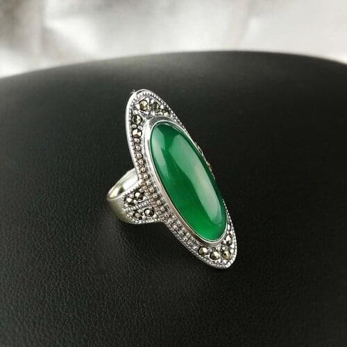 2019 Vintage Ring For Lady Elegant Real 925 Sterling Silver Inlay Green Chalcedony Ring For Anniversary Wedding Gift