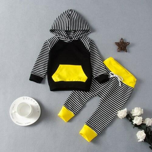 New Baby Boy Clothes Set 2 Piece Striped Patchwork Long Sleeve Hoodies Sweater Tops+trousers Casual Sport Baby Boy Outfit 0-18M