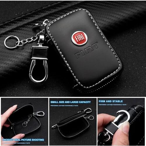 Leather Car Key Case Remote Control Key Case Leather Zipper Keychain for Fiat Panda Bravo Punto Linea 500 59 Auto Accessories