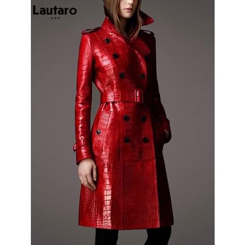Lautaro Autumn Long Red Crocodile Print Leather Trench Coat for Women Belt Double Breasted Elegant British Style Fashion 2021