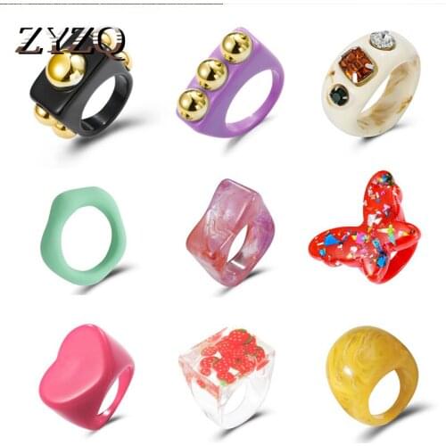 ZYZQ Trendy Hand-painted Candy Color Acrylic Geometric Rings for Women Multicolor Irregular Open Rings Charm Jewelry 2021 New