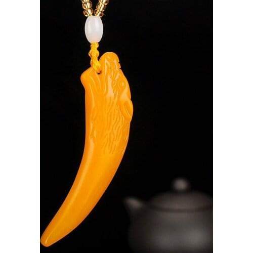 Natural Yellow Chinese Jade Wolf Teeth Pendant Beads Necklace Fashion Charm Jadeite Jewelry Carved Amulet Gifts for Women Men