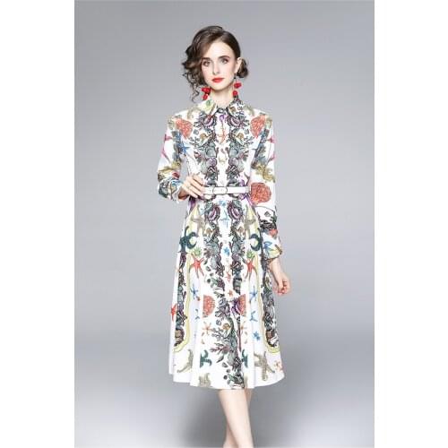 The new 2021 early autumn printing waist big swing long sleeve dress light and breathable