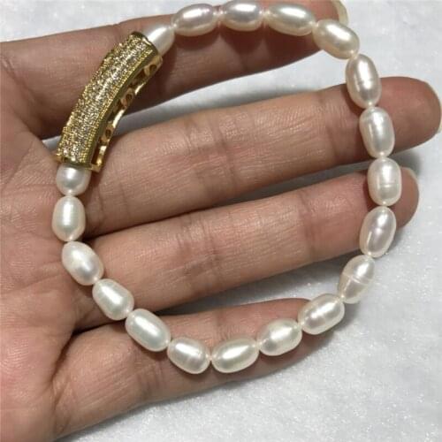 Wholesale Beautiful popular good quality inlay zirco 6-7 mm natural freshwater pearl bracelet Bungee cord