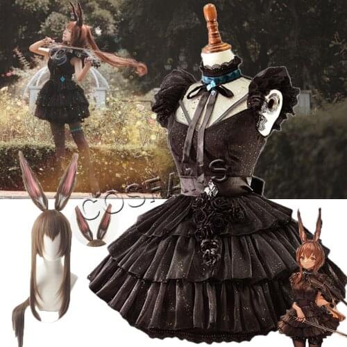 Game Arknights Amiya Cosplay Costume Concert Music Synesthesia Gorgeous Black Formal Dress Activity Party Halloween wig and ears