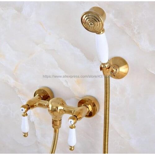 Luxury Gold Color Brass Wall Mounted Bathroom Bathtub Shower Faucet Set Mixer Tap With Hand Shower set Nna978