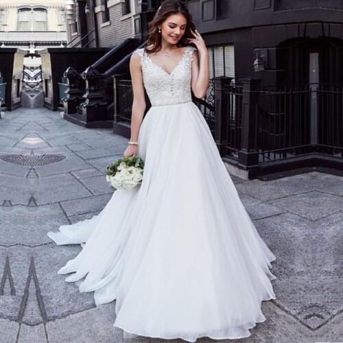 V Neck with Crystal Belt Wedding Gowns Lace Appliques Backless A Line Bridal Dress Vestidos De Noiva Robe Mariage