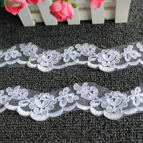 YACKALASI 10 Yds White Bridal Wedding Lace Fabrics Appliqued Scalloped 3D Flower Embroidered Sewing Trims For Dress 2.5cm
