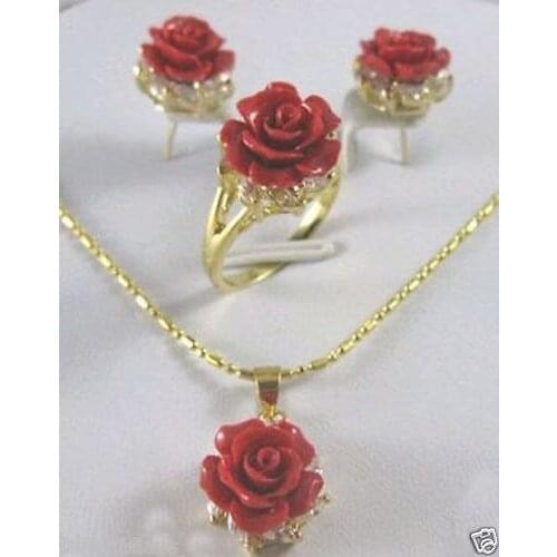 Womens Pretty Crystal Red Coral rose Flower Pendant Earring Ring ladys set style Genuine Natural stone gems Fortune Fine jewe