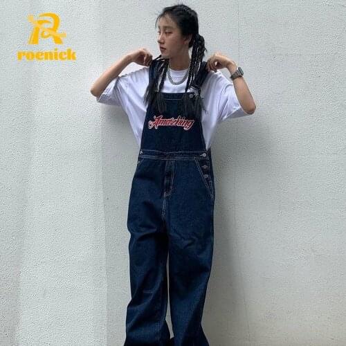 ROENICK Women High Waist Denim Jumpsuits Spring Casual Straight Jeans Letter Plus Size Pockets Overalls Summer Dark Blue Rompers
