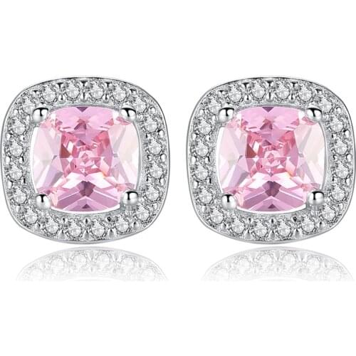 Romantic Silver Color Round Circle Design Earrings Radiant AAA+ Pink CZ Crystal Stud Earring for Women Jewelry oorbellen
