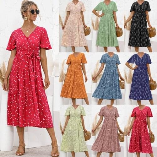 Polka Dot Floral Dresses For Women 2021 Short Sleeve V-Neck Vestidos De Mujer Casual Bandage Mid-Calf Dress Elegant Robe Femme
