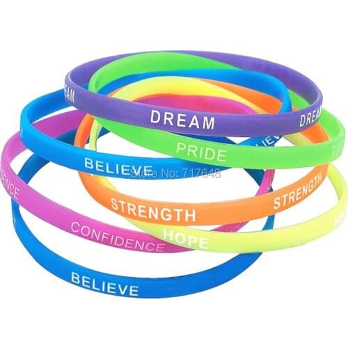 100pcs dream pride believe strength hope confidence skiny Inspirational wristband silicone bracelets free shipping by epacket A