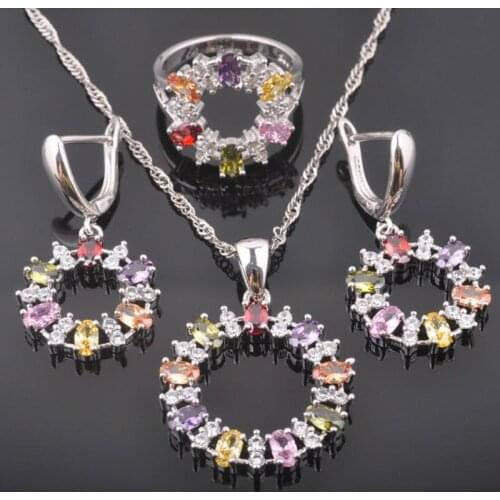 2020 New Multicolor Zirconia Womens Silver Color Jewelry Sets Earrings Pendant Necklace Rings Engagement Gift QZ0413