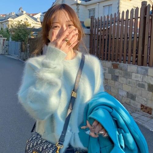 2021 Korean Autumn and Winter Light Mint Green Long Hair Mink Cashmere Sweater velvet loose Pullover Fluffy JNS302