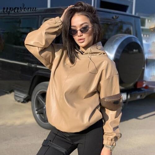 Free Shipping Pure Color PU Leather Hooded Sweater Women 2021 New Fashion Long Sleeve All-match Loose Top Ladies Clothing