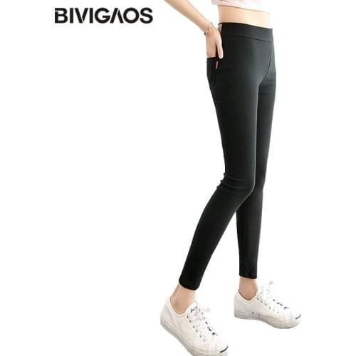 BIVIGAOS Women Thin Woven Pencil Pants Leather Patch Mark Black Leggings Stretch Skinny Slim Legging Pants Casual Trousers Women