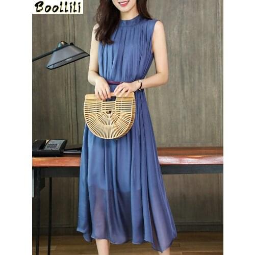 Boollili 100% Real Silk Summer Dress 2020 Boho Vintage Elegant Maxi Dress Women Clothes Sleeveless Dresses SexyPleated Dress