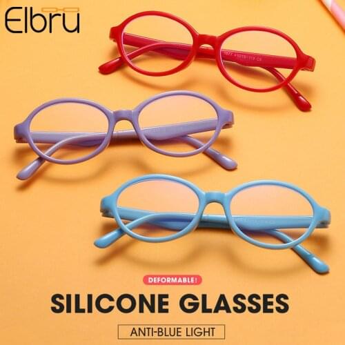 Elbru Children Round Glasses Frame Silicone Anti-blue Light Glasses Fashion Lightweight Goggles For Girls Boy Clear Lens Glasses