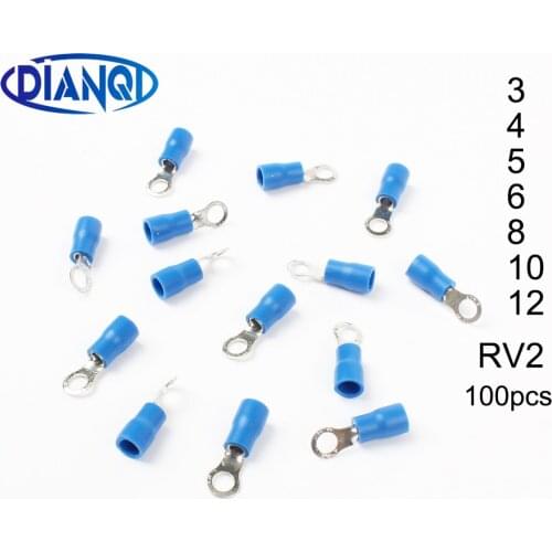 DIANQI RV2-3 4 5 6 8 10 12 Blue Ring Insulated Wire Connector Electrical Crimp Terminal Cable Wire Connector for 1.5-2.5mm2