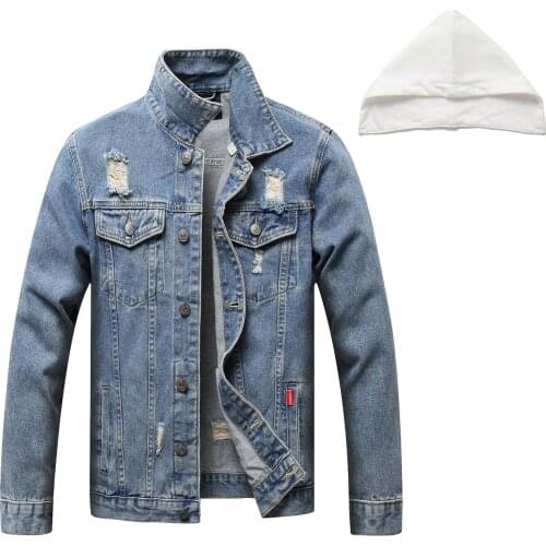 2021 spring and autumn denim ripped hooded jacket young mens slim fashion mens casual long-sleeved jacket