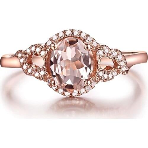 HELON Solid 10k Rose Gold Flawless Oval 7x5mm Natural Morganite Diamonds Engagement Wedding Ring Women Gemstone Diamonds Ring
