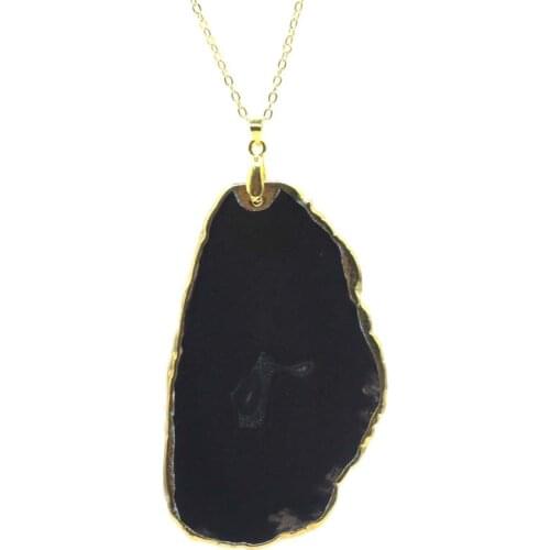 KFT Natural Black Agates Slice Stone Irregular Shape Crystal Agates Stone Pendant Cahin Necklace For Women Men Girls